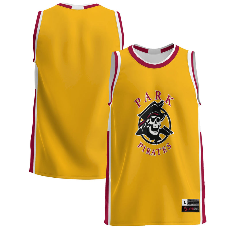 Park Pirates Basketball Jersey, Gold Lightweight Sportswear Jersey Shirt, Sleeveless Athletic Tank Jersey, Casual Gift for Men
