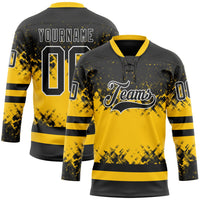 Custom Hockey Jersey, Black Yellow White Sportswear Jersey Shirt, Athletic Long Sleeve V Neck Jersey, Casual Gift for Men