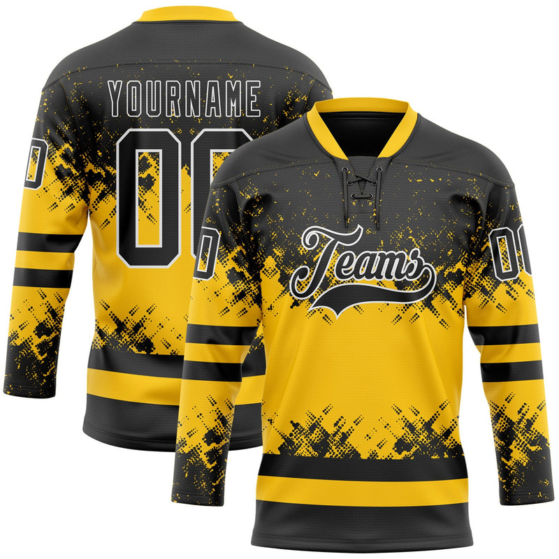Custom Hockey Jersey, Black Yellow White Sportswear Jersey Shirt, Athletic Long Sleeve V Neck Jersey, Casual Gift for Men