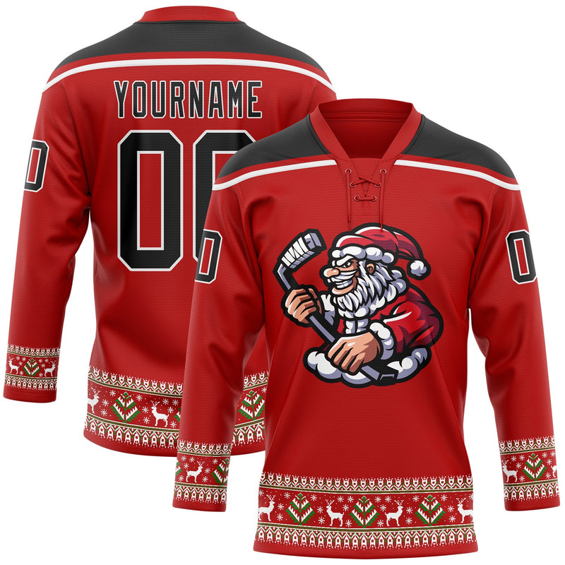 Custom Hockey Jersey, Red Black White Sportswear Jersey Shirt, Athletic Long Sleeve V Neck Jersey, Casual Gift for Men, Style 3DPattern1827