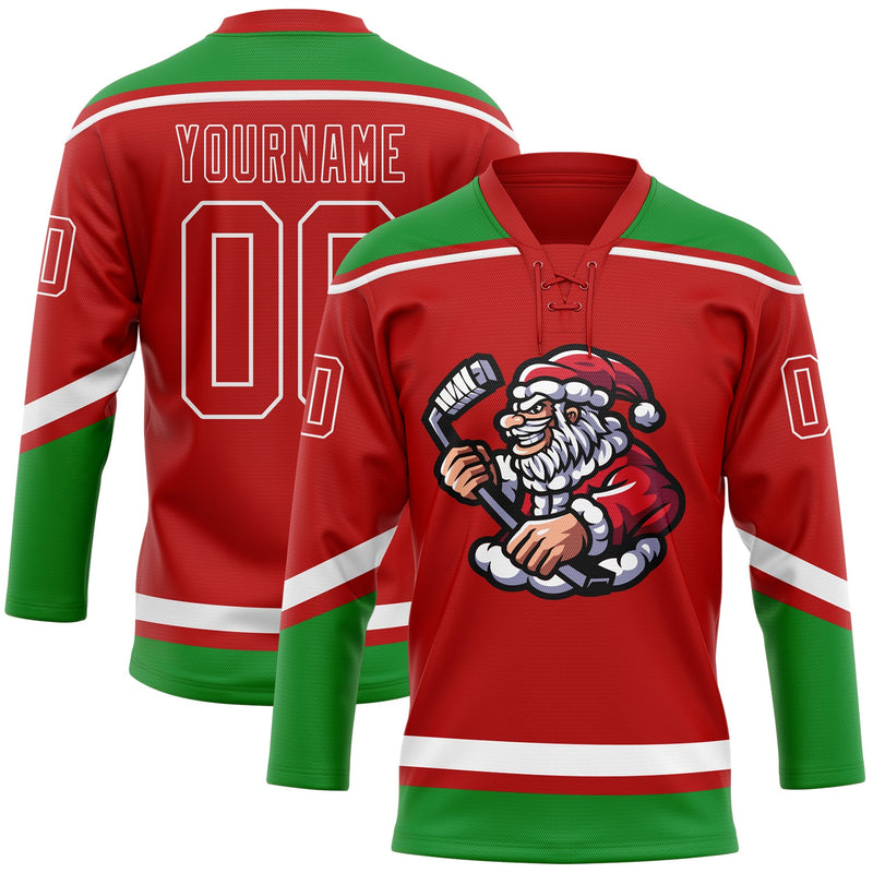 Custom Hockey Jersey, Red Green White Sportswear Jersey Shirt, Athletic Long Sleeve V Neck Jersey, Casual Gift for Men, Style 3DPattern1828