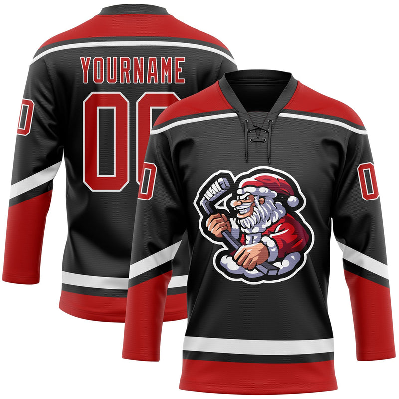 Custom Hockey Jersey, Black Red White Sportswear Jersey Shirt, Athletic Long Sleeve V Neck Jersey, Casual Gift for Men, Style 3DPattern1830