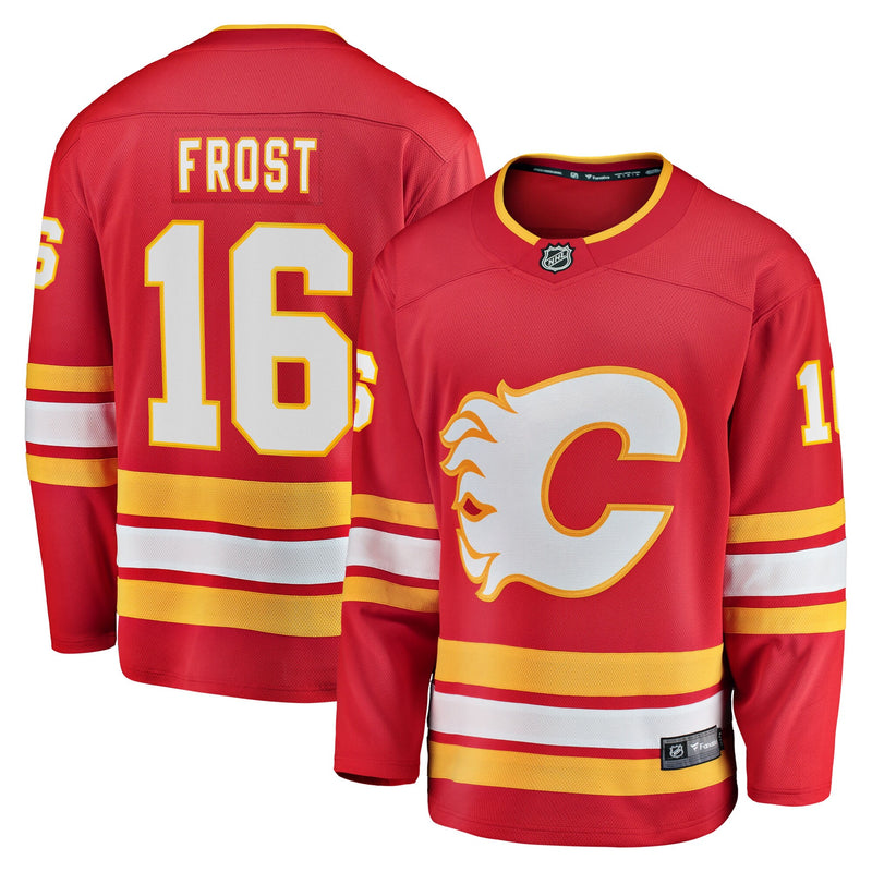 Morgan Frost Calgary Flames Hockey Jersey, Red Breakaway Home Sportswear Jersey Shirt, Long Sleeve Hockey Sweater Jersey, Casual Gift for Men