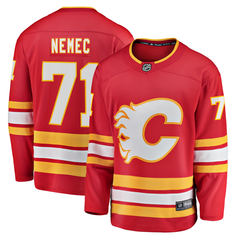 Simon Nemec Calgary Flames Hockey Jersey, Red Breakaway Home Sportswear Jersey Shirt, Long Sleeve Hockey Sweater Jersey, Casual Gift for Men