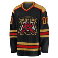 Custom Hockey Jersey, Black Old Gold Red Sportswear Jersey Shirt, Athletic Long Sleeve V Neck Jersey, Casual Gift for Men, Style Black1023