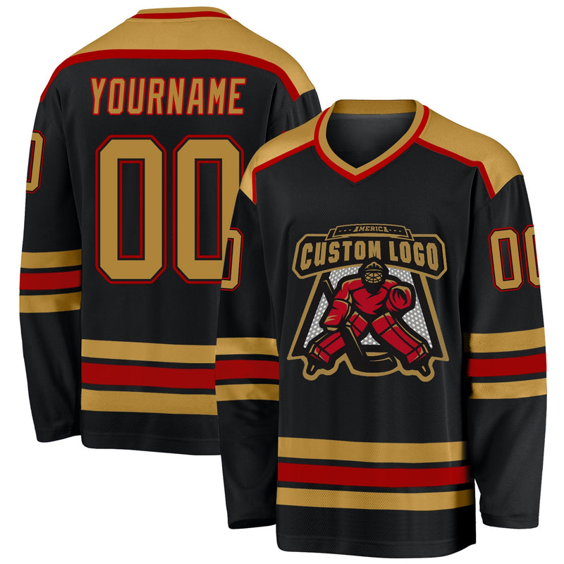 Custom Hockey Jersey, Black Old Gold Red Sportswear Jersey Shirt, Athletic Long Sleeve V Neck Jersey, Casual Gift for Men, Style Black1023