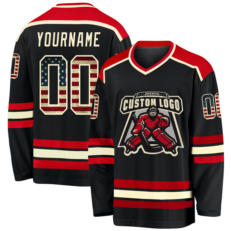 Vintage Hockey Jersey, Black Cream Red Sportswear Jersey Shirt, Athletic Long Sleeve V Neck Jersey, Casual Gift for Men