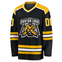 Custom Hockey Jersey, Black Gold White Sportswear Jersey Shirt, Athletic Long Sleeve V Neck Jersey, Casual Gift for Men, Style Black1034