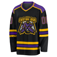 Custom Hockey Jersey, Black Purple Gold Sportswear Jersey Shirt, Athletic Long Sleeve V Neck Jersey, Casual Gift for Men, Style Black1039