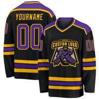 Custom Hockey Jersey, Black Purple Gold Sportswear Jersey Shirt, Athletic Long Sleeve V Neck Jersey, Casual Gift for Men, Style Black1039