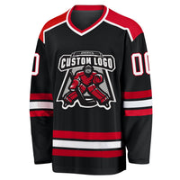 Custom Hockey Jersey, Black White Red Sportswear Jersey Shirt, Athletic Long Sleeve V Neck Jersey, Casual Gift for Men, Style Black1045