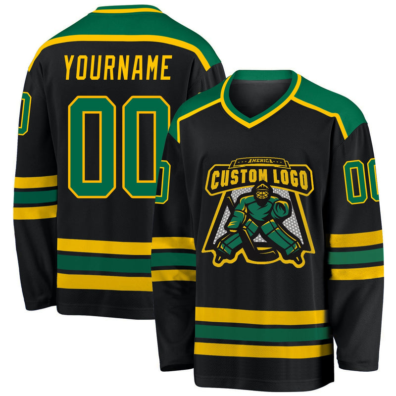 Custom Hockey Jersey, Black Kelly Green Sportswear Jersey Shirt, Athletic Long Sleeve V Neck Jersey, Casual Gift for Men, Style Black1148