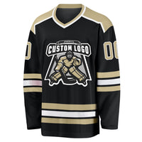 Custom Hockey Jersey, Black Vegas Gold White Sportswear Jersey Shirt, Athletic Long Sleeve V Neck Jersey, Casual Gift for Men