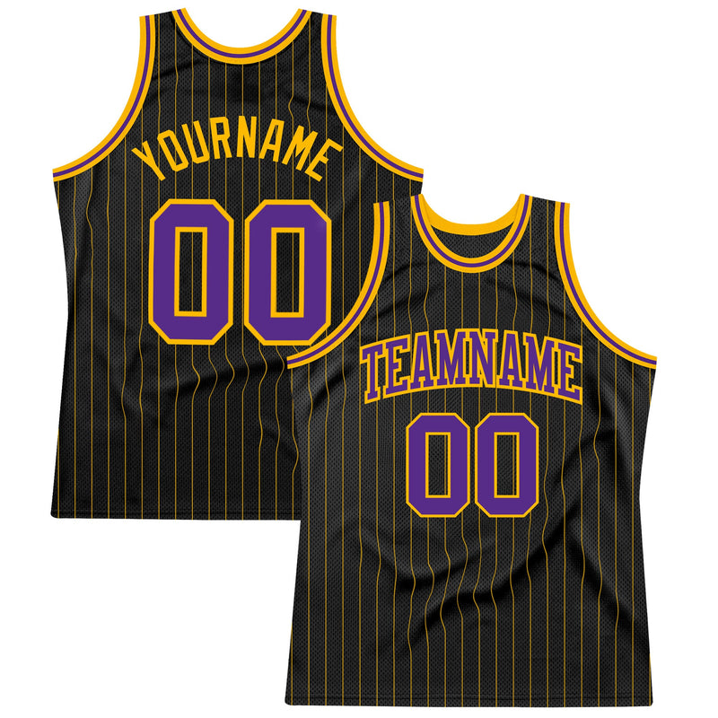 Custom Basketball Jersey, Black Gold Purple Pinstripe Sportswear Jersey Shirt, Athletic Mesh Moisture Wicking Jersey, Casual Gift for Men