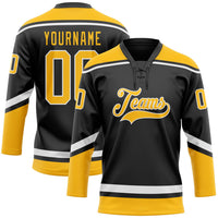 Custom Hockey Jersey, Black Gold White Sportswear Jersey Shirt, Athletic Long Sleeve V Neck Jersey, Casual Gift for Men, Style Black1617