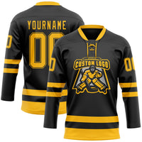 Custom Hockey Jersey, Black Gold Sportswear Jersey Shirt, Athletic Long Sleeve V Neck Jersey, Casual Gift for Men, Style Black2295