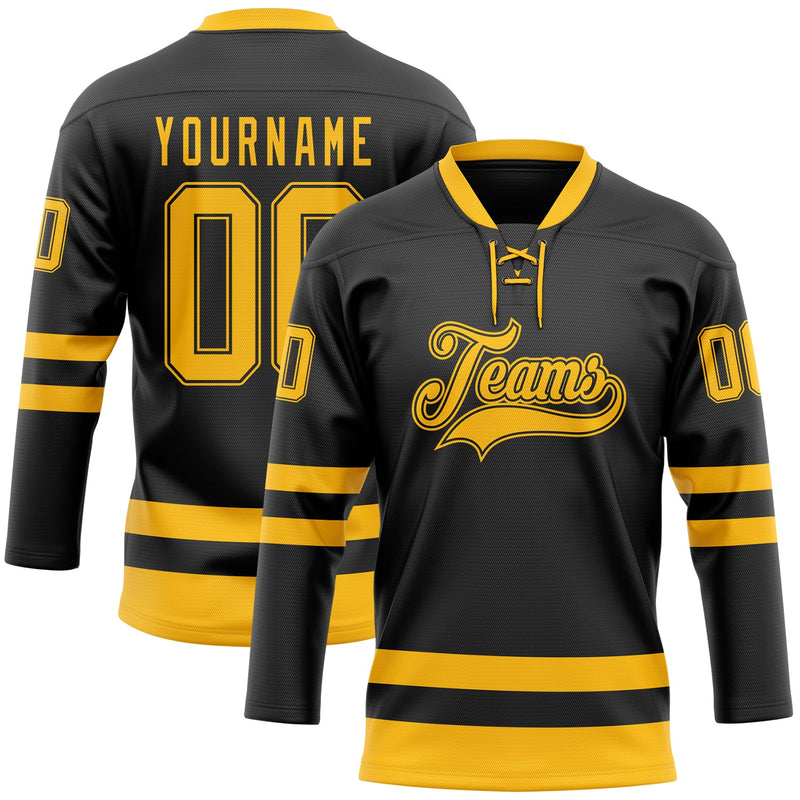 Custom Hockey Jersey, Black Gold Sportswear Jersey Shirt, Athletic Long Sleeve V Neck Jersey, Casual Gift for Men, Style Black2295
