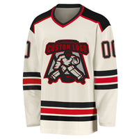 Custom Hockey Jersey, Cream Black Red Sportswear Jersey Shirt, Athletic Long Sleeve V Neck Jersey, Casual Gift for Men, Style Cream0296