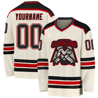 Custom Hockey Jersey, Cream Black Red Sportswear Jersey Shirt, Athletic Long Sleeve V Neck Jersey, Casual Gift for Men, Style Cream0296