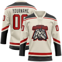 Custom Hockey Jersey, Cream Red Black Sportswear Jersey Shirt, Athletic Long Sleeve V Neck Jersey, Casual Gift for Men