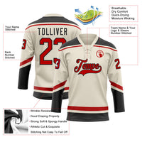 Custom Hockey Jersey, Cream Red Black Sportswear Jersey Shirt, Athletic Long Sleeve V Neck Jersey, Casual Gift for Men