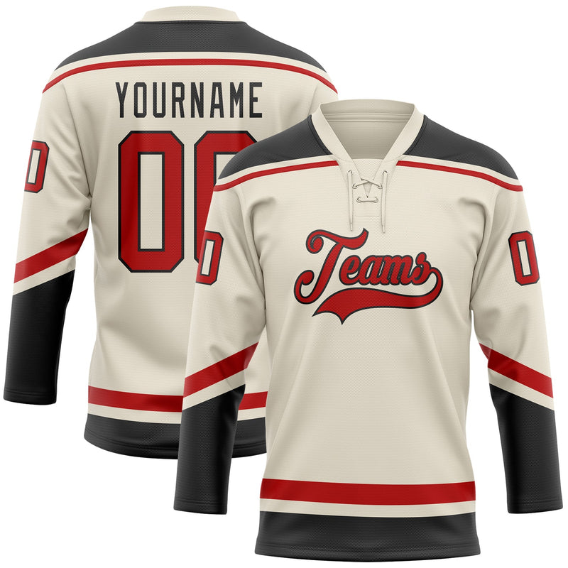 Custom Hockey Jersey, Cream Red Black Sportswear Jersey Shirt, Athletic Long Sleeve V Neck Jersey, Casual Gift for Men