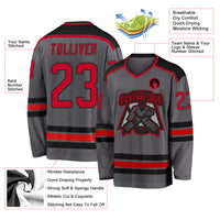 Custom Hockey Jersey, Gray Red Black Sportswear Jersey Shirt, Athletic Long Sleeve V Neck Jersey, Casual Gift for Men, Style DarkGray0002