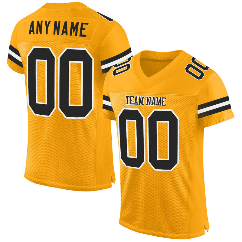 Custom Football Jersey, Gold Black White Sportswear Jersey Shirt, Athletic Mesh Moisture Wicking Jersey, Casual Gift for Men, Style Gold0150