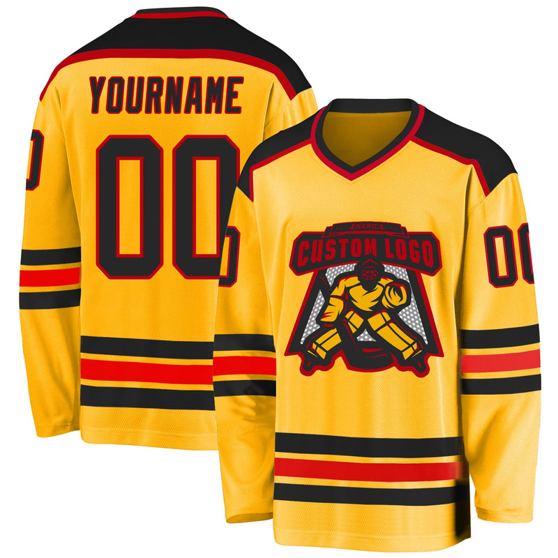 Custom Hockey Jersey, Gold Black Red Sportswear Jersey Shirt, Athletic Long Sleeve V Neck Jersey, Casual Gift for Men