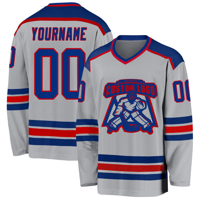 Custom Hockey Jersey, Gray Royal Red Sportswear Jersey Shirt, Athletic Long Sleeve V Neck Jersey, Casual Gift for Men