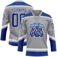 Custom Hockey Jersey, Gray Royal White Sportswear Jersey Shirt, Athletic Long Sleeve V Neck Jersey, Casual Gift for Men