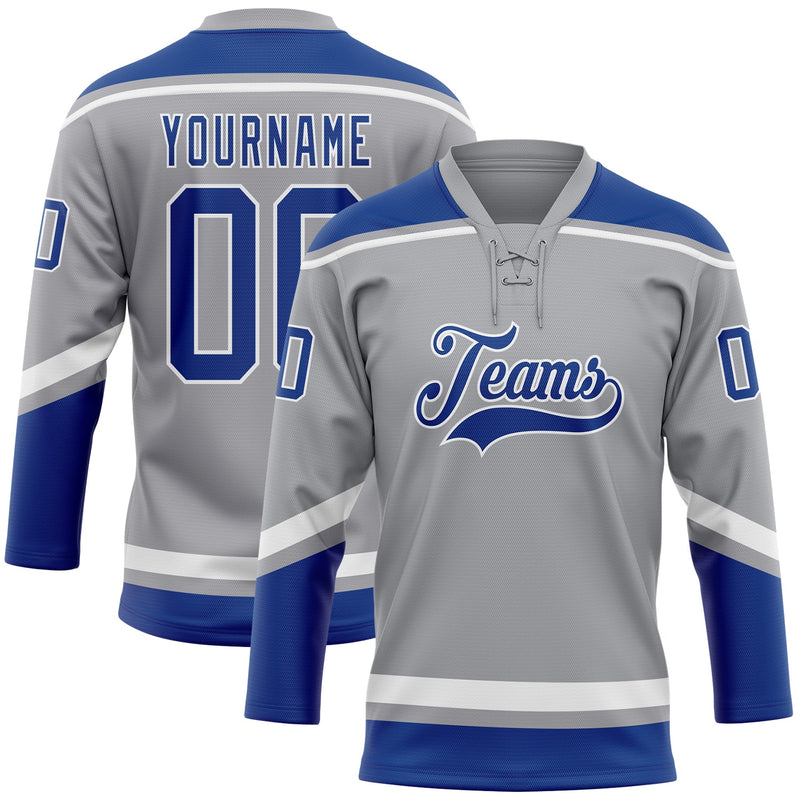 Custom Hockey Jersey, Gray Royal White Sportswear Jersey Shirt, Athletic Long Sleeve V Neck Jersey, Casual Gift for Men