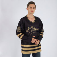 Custom Hockey Jersey, Black Old Gold Sportswear Jersey Shirt, Athletic Long Sleeve V Neck Jersey, Casual Gift for Men, Style Black0540