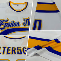 Custom Hockey Jersey, White Royal Gold Sportswear Jersey Shirt, Athletic Long Sleeve V Neck Jersey, Casual Gift for Men, Style White0646