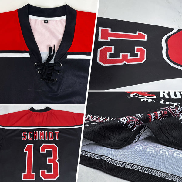 Custom Black Red-White Christmas Santa Claus 3D Hockey Lace Neck Jersey