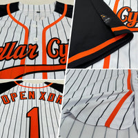 Custom Baseball Jersey, White Black Orange Pinstripe Sportswear Jersey Shirt, Athletic Button Down Moisture Wicking Jersey, Casual Gift for Men