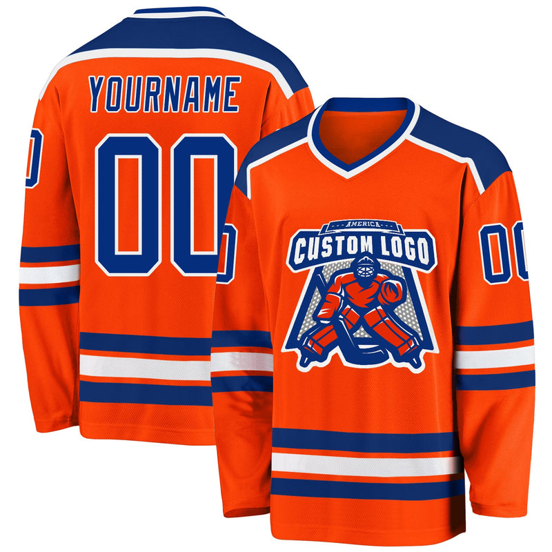 Custom Hockey Jersey, Orange Royal White Sportswear Jersey Shirt, Athletic Long Sleeve V Neck Jersey, Casual Gift for Men, Style Orange0240