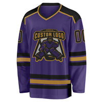 Custom Hockey Jersey, Purple Black Old Gold Sportswear Jersey Shirt, Athletic Long Sleeve V Neck Jersey, Casual Gift for Men