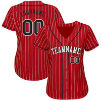 Custom Baseball Jersey, Red White Black Pinstripe Sportswear Jersey Shirt, Athletic Button Down Moisture Wicking Jersey, Casual Gift for Men