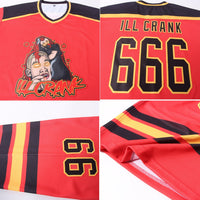 Custom Hockey Jersey, Red Black Gold Sportswear Jersey Shirt, Athletic Long Sleeve V Neck Jersey, Casual Gift for Men, Style Red0478