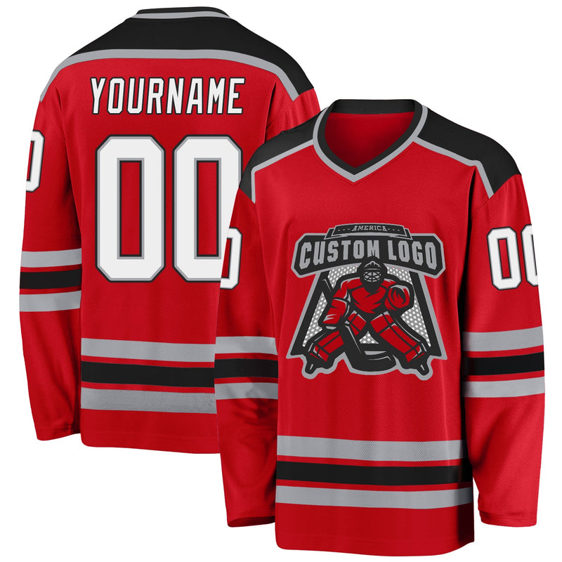 Custom Hockey Jersey, Red White Black Sportswear Jersey Shirt, Athletic Long Sleeve V Neck Jersey, Casual Gift for Men, Style Red0482