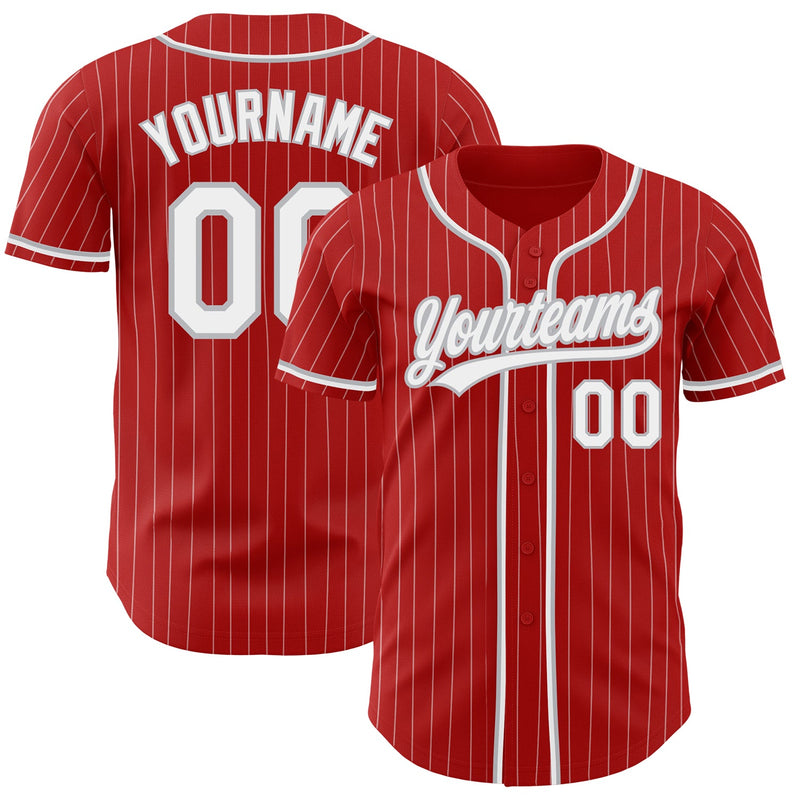 Custom Baseball Jersey, Red White Gray Pinstripe Sportswear Jersey Shirt, Athletic Button Down Moisture Wicking Jersey, Casual Gift for Men