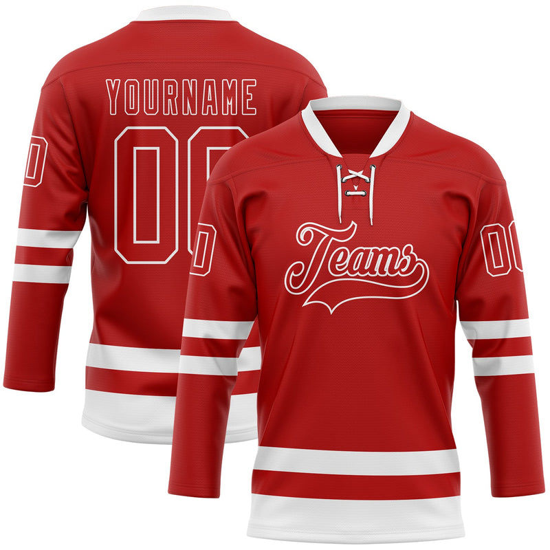 Custom Hockey Jersey, Red White Sportswear Jersey Shirt, Athletic Long Sleeve V Neck Jersey, Casual Gift for Men, Style Red0797