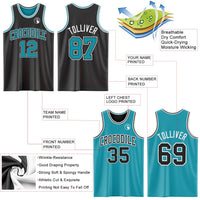 Custom Basketball Jersey, Black Teal White Sportswear Jersey Shirt, Athletic Mesh Moisture Wicking Jersey, Casual Gift for Men