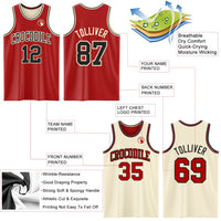 Custom Basketball Jersey, Red Black Cream Sportswear Jersey Shirt, Athletic Mesh Moisture Wicking Jersey, Casual Gift for Men