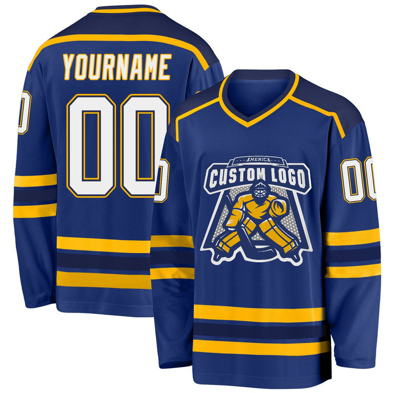 Custom Hockey Jersey, Royal White Navy Sportswear Jersey Shirt, Athletic Long Sleeve V Neck Jersey, Casual Gift for Men