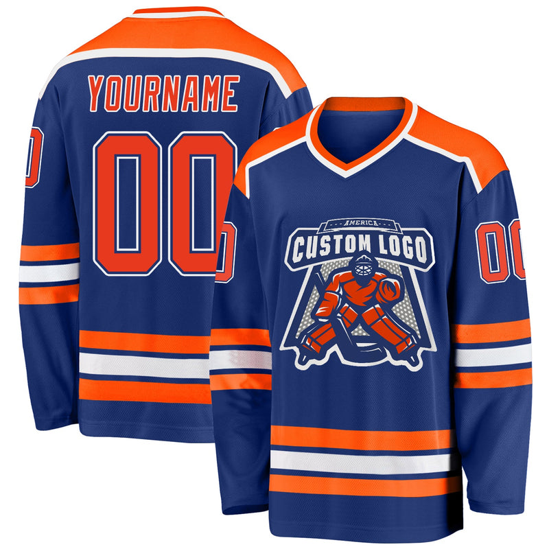 Custom Hockey Jersey, Royal Orange White Sportswear Jersey Shirt, Athletic Long Sleeve V Neck Jersey, Casual Gift for Men