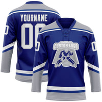Custom Hockey Jersey, Royal White Gray Sportswear Jersey Shirt, Athletic Long Sleeve V Neck Jersey, Casual Gift for Men