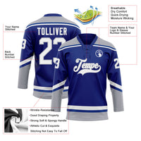 Custom Hockey Jersey, Royal White Gray Sportswear Jersey Shirt, Athletic Long Sleeve V Neck Jersey, Casual Gift for Men