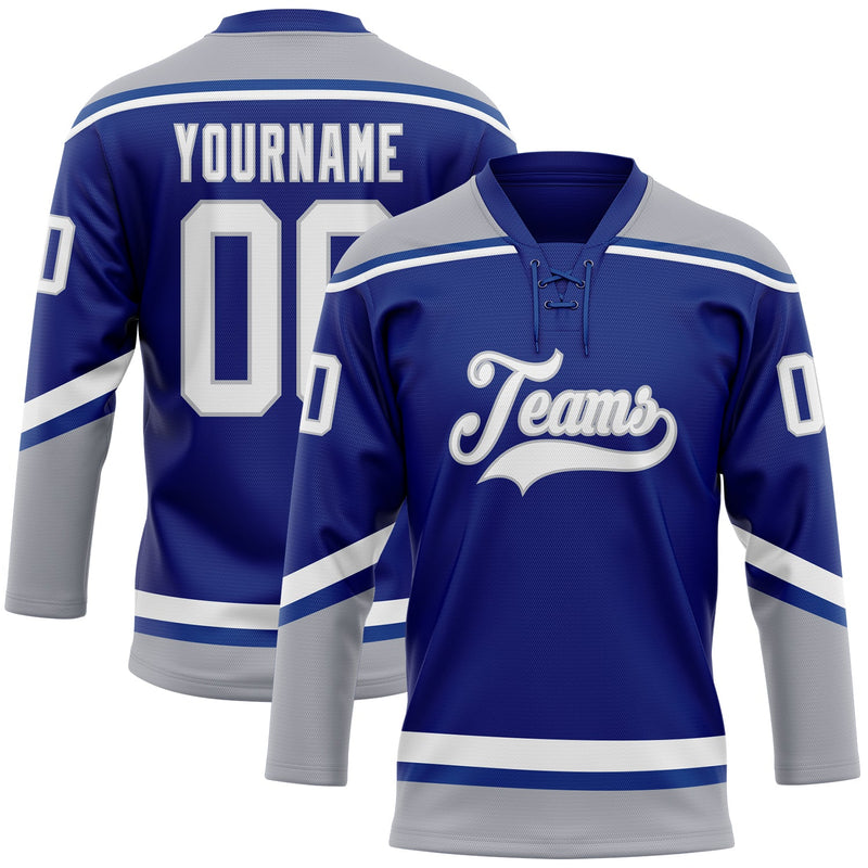 Custom Hockey Jersey, Royal White Gray Sportswear Jersey Shirt, Athletic Long Sleeve V Neck Jersey, Casual Gift for Men